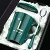 380ml Ceramic Mugs Creative Letter Pattern Mugs With Spoon Lid Green Gold Milk Coffee Cup Mark Drinkware Novelty Gifts ► Photo 1/6