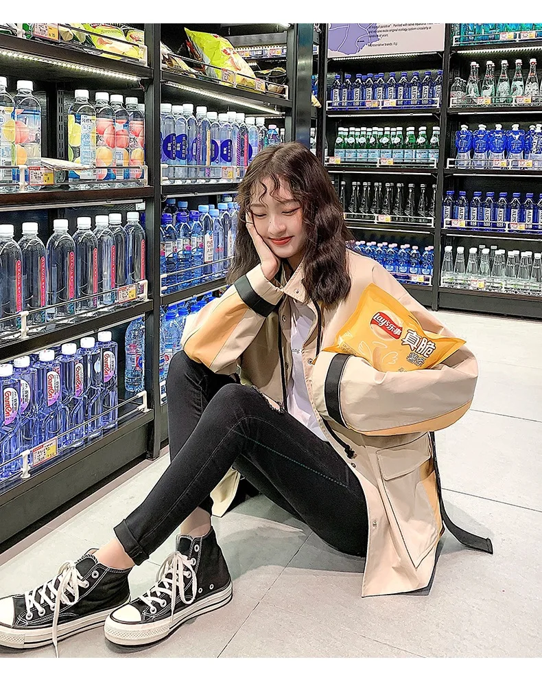 Фотосессия Harajuku INS три-цветное соединение BF красивый стенд воротник хаки спецодежды Тренч талии облегающее Бандажное ткань с коротким