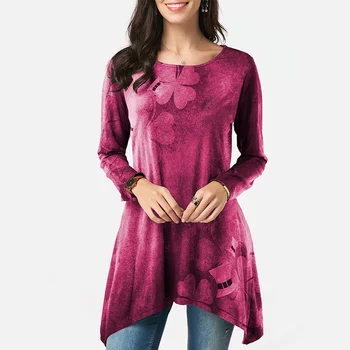 

Tunic Irregular Printed Women Blouse O-Neck Long Sleeve Casual Loose Female Blouses 2020 Spring Fashion Ladies Tops Clothes