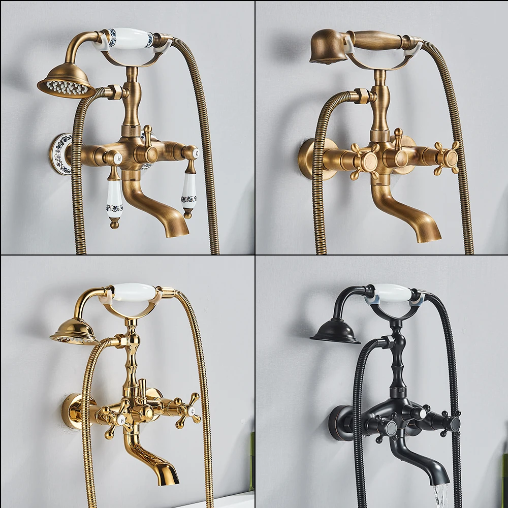 Onyzpily Bathtub Shower Faucet Antique ORB Golden Phone Style  Spray Wall-Mounted Hot And Cold Faucet Blue and White Porcelain 3