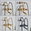 Onyzpily Bathtub Shower Faucet Antique ORB Golden Phone Style  Spray Wall-Mounted Hot And Cold Faucet Blue and White Porcelain 3