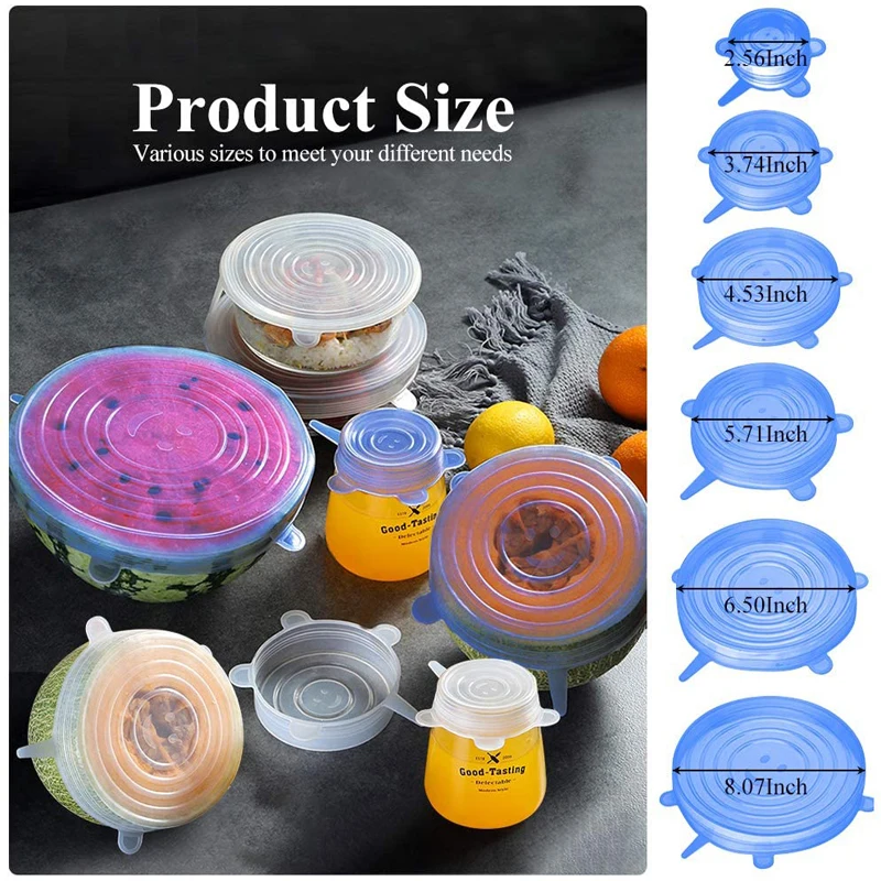 Reusable Silicone Stretch Lids Kitchen Fresh Keeping Covers Compression Universal Silicone Stretch Lids 6/12PCS