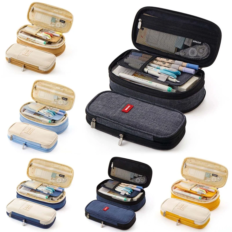 2021 Canvas Double Layer Pencil Case Large Capacity School Student Kids Make Up Bag Pen Box Pouch Bags Stationery Supply | Канцтовары