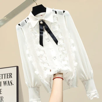 

Lace Panel Lantern-Sleeve Chiffon Shirt Women's Blouse Womens Tops and Blouses Camisa Feminina Bluzki Damskie White Black Tops