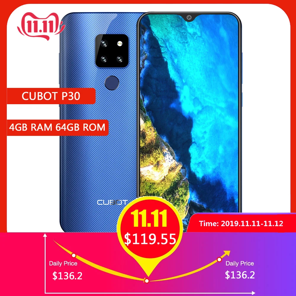 

6.3 inch CUBOT P30 4G 2340 x 1080 IPS Phablet Android 9.0 Helio P23 Octa Core 4GB RAM 64GB ROM 20.0MP Rear Camera 4000mAh Phone