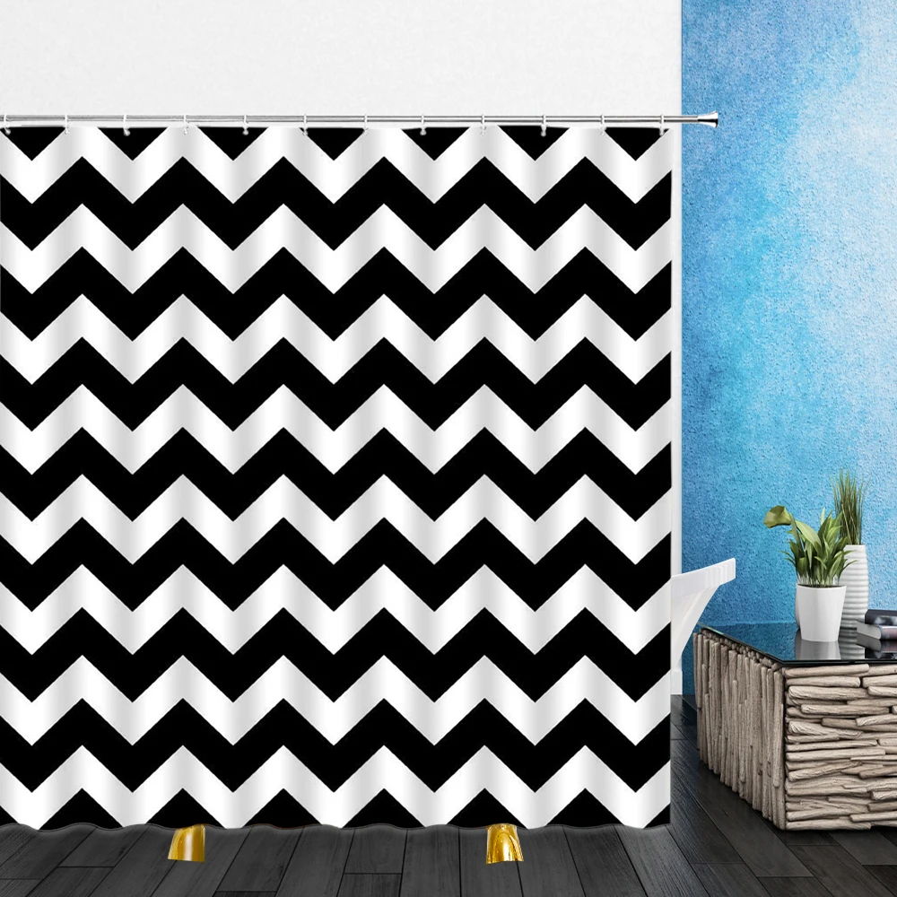 

Modern Simplicity Shower Black and White Curtains Stripe Wavy Line 3D Print Waterproof Bathroom Decor Bathtub Polyester Curtain