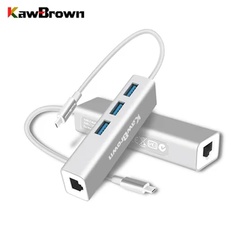 

KawBrown 4 Ports Type-C Hub USB-C to USB 3.0 3 Ports with RJ45 1000Mbps Aluminum alloy Docking Station for Laptop Macbook