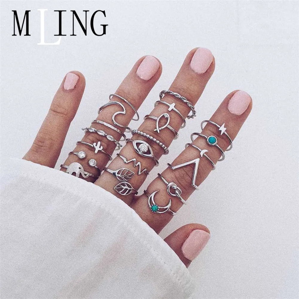 MLING 20 шт./компл. винтажный сплав набор колец с кристаллами богемный кактус листья