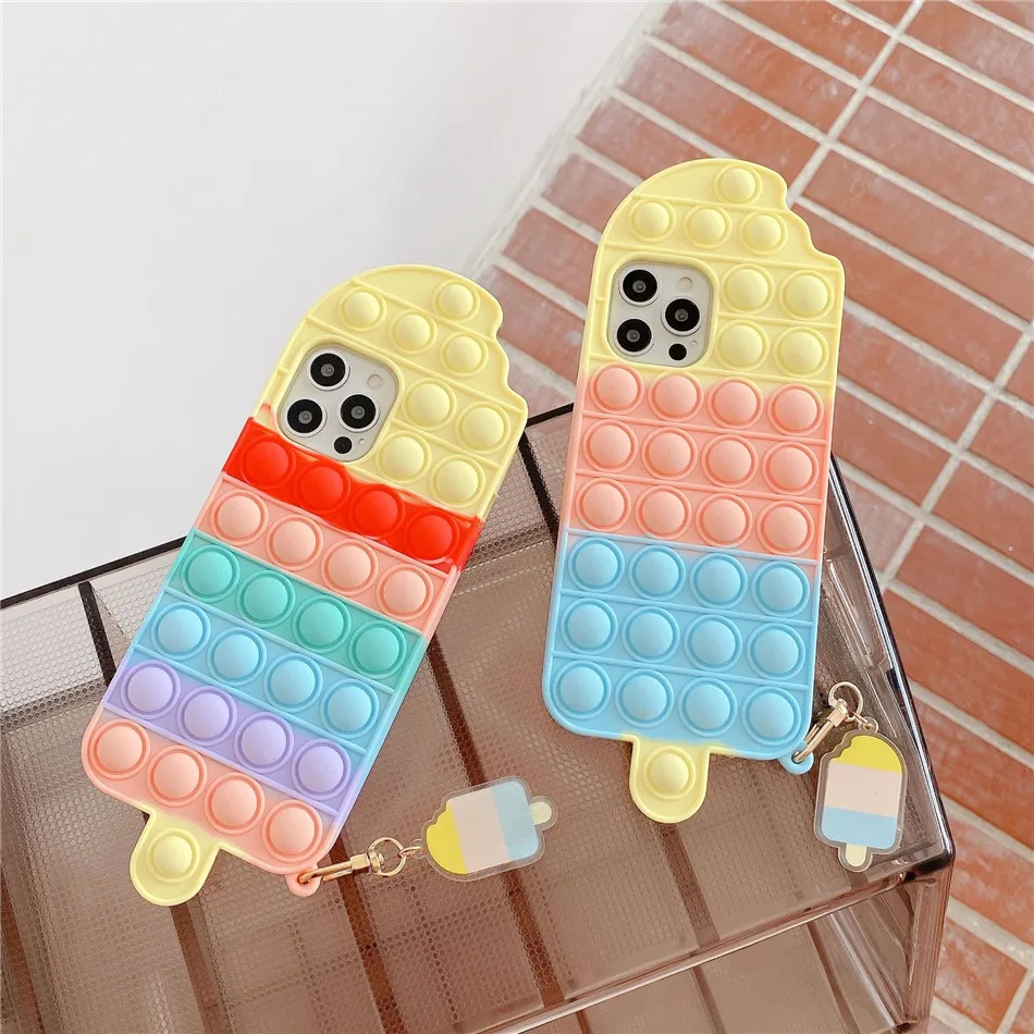 Fidget Toys Push It Bubble Relive Stress Ice Cream Phone Case for Iphone 11 12 Pro Max Rainbow Silicone Cover | Игрушки и хобби