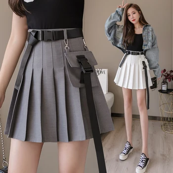 

Vintage Fashion Women Pleated Mini Short Skirt Black Cool Girls A Line High Waist Skirts Harajuku Faldas with Belt New