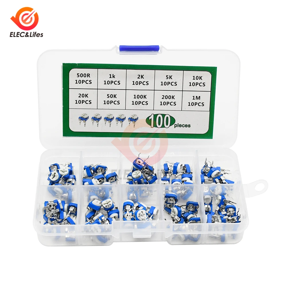 

100Pcs/Box RM065 Carbon Film Horizontal Trimpot Potentiometer Assortment Kit 10 Values 1K 5K 10K 20K 50K 100K Variable Resistor