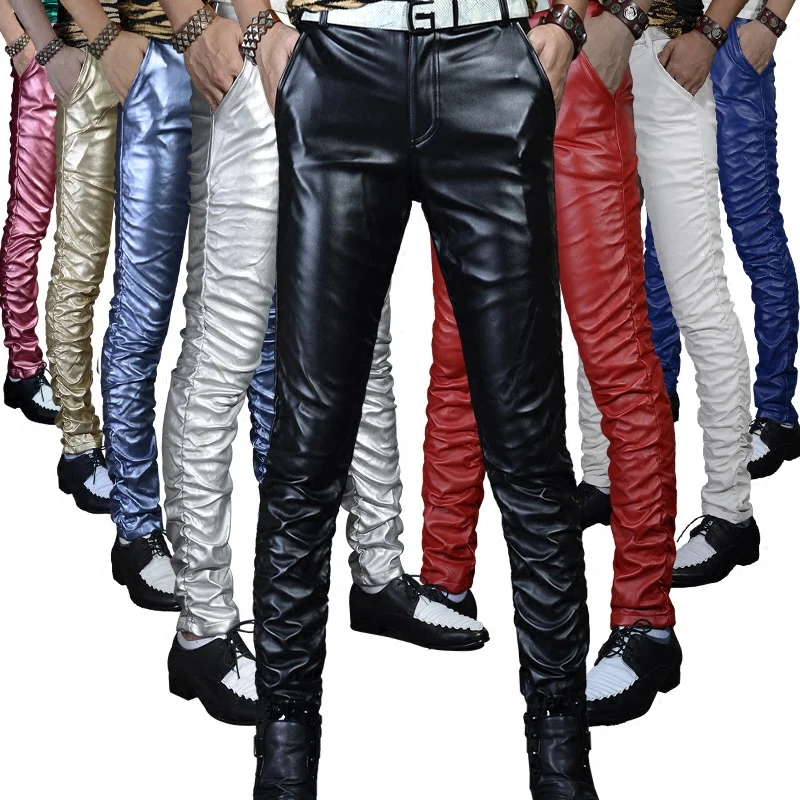 

Idopy Quality PU Winter Line Sexy Red Slim Tight Male Leather Pant Men Motorcycle Black Skinny Biker Trouser Leather Jogger Blue