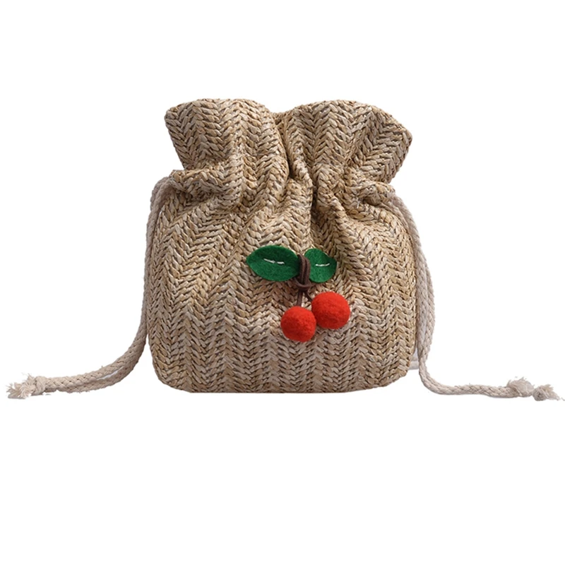 

Straw Bag Ladies Beach Bag Personality Messenger Bag Drawstring Cherry Lady Retro Hand-Woven Fashion Shoulder Bag