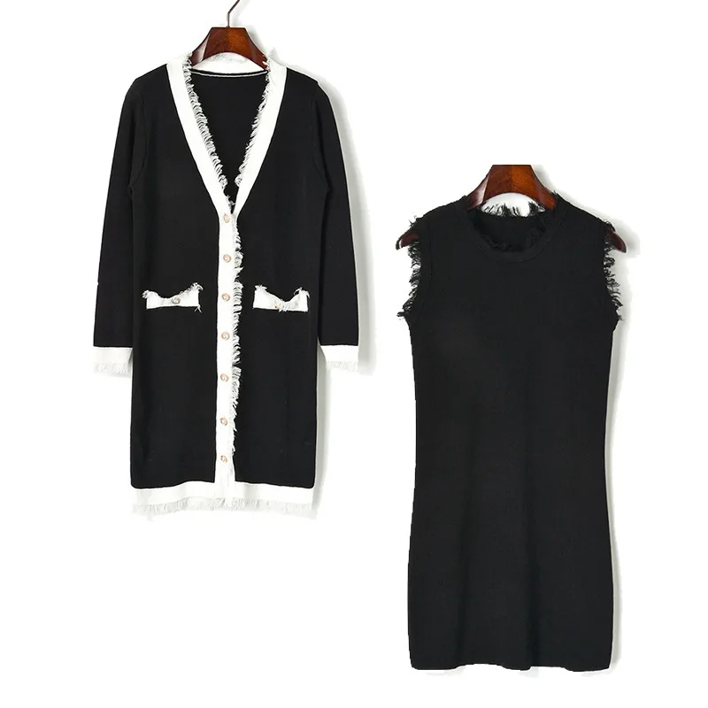 

Womens 2019 autumn winter elegant fashion knitted sweater dress bodycon sleeveless sheath dress suit long cardigans blue black