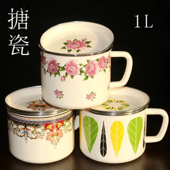 

Vintage Porcelain Enamel Cup Lunch Bag Container Coffee Cup Fast Food Cup Bowl with Lid Handle Large Thickened Flat Cover Mugs