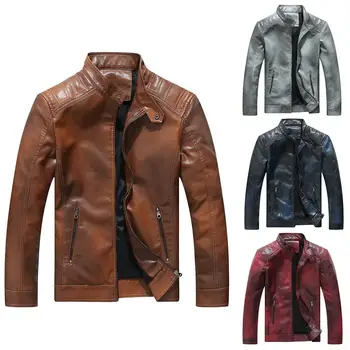 

джинсовая куртка Men Jackets Stand Collar Gradient Color Zip Faux Leather Motorcycle Jacket Coat Outwear