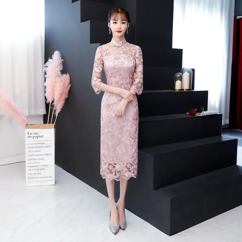 Мандарин воротник сексуальный кружевной цветок cheongsam китайское свадебное платье невесты qipao полная длина элегантное китайское платье qipao