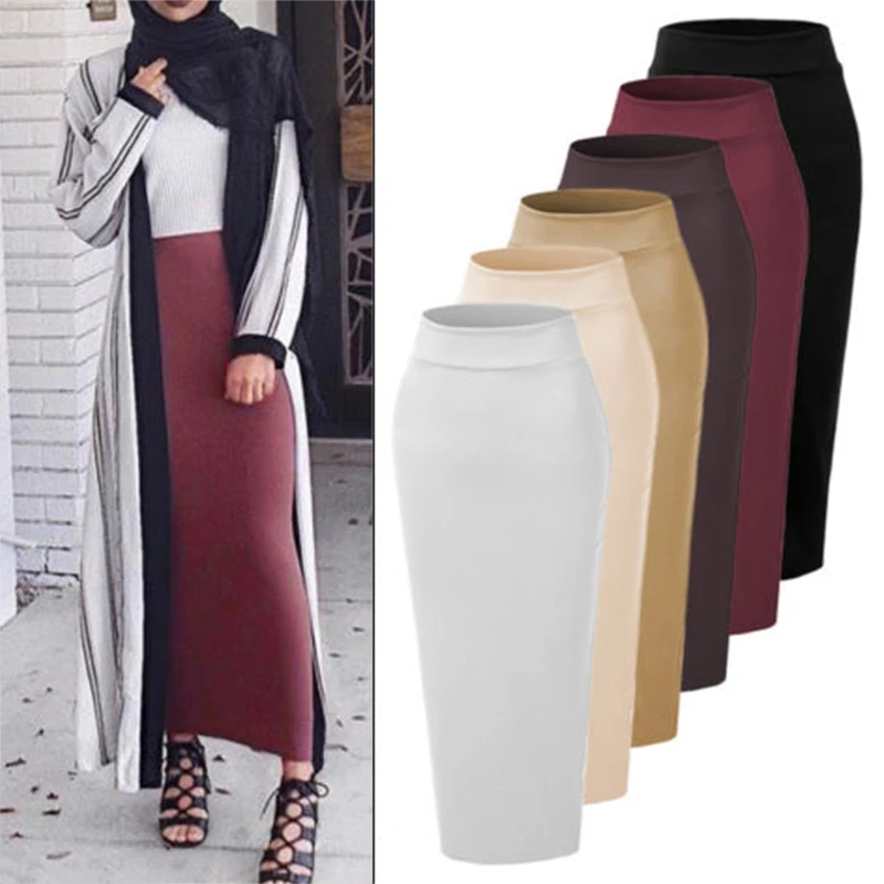 Мусульманский Плотная юбка Bodycon Высокая талия с длинными длинное платье Для женщин карандаш юбка Лидер продаж