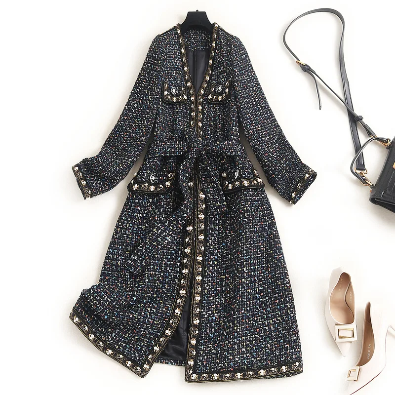 

Luxurious Tweed Coat Women V-Neck Belt Embroidery Beading Sequins Slim Long Jackets New 2020 High-quality Women's Jacket