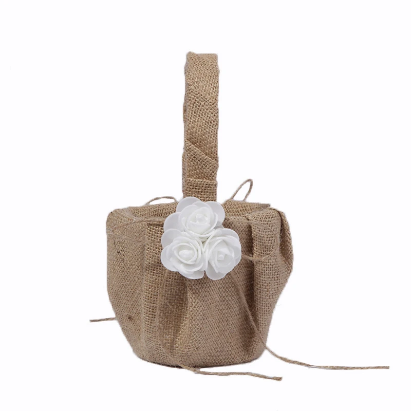 

Retro Jute Burlap Lace Wedding Flower Basket Flower Girl Basket For Wedding Decoration Storage Basket Hanging Basket