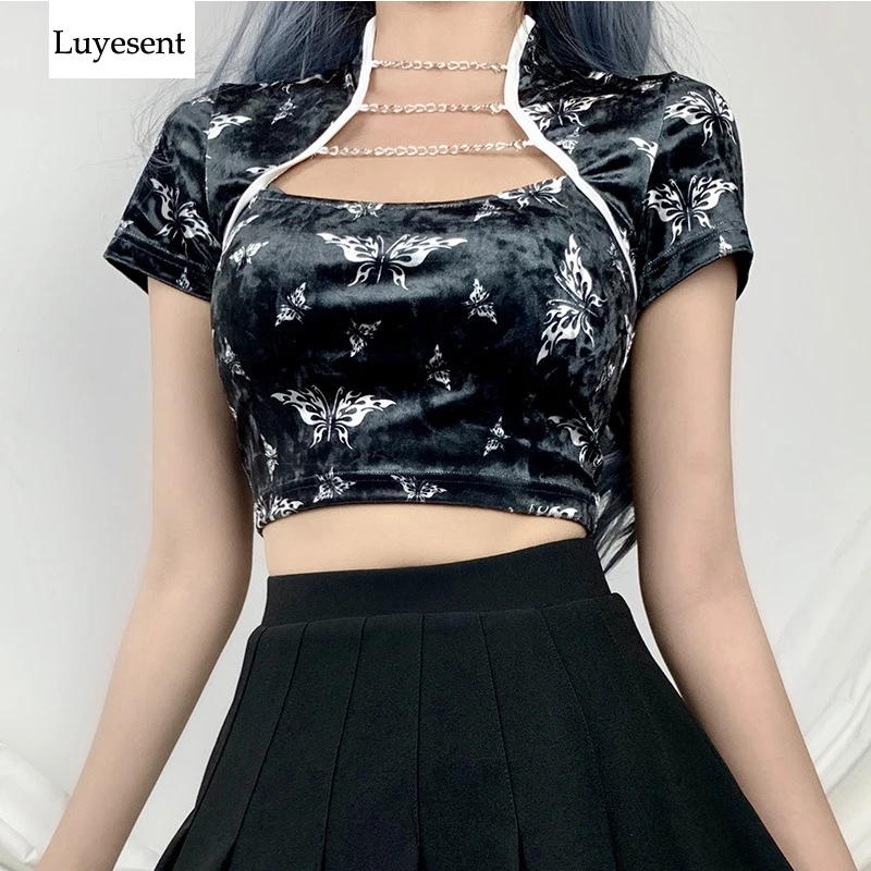 

Black Dark Goth Woman Chinese Style T-shirts 2020 Lady Velvet Chains Hollow Out Butterfly Short Sexy Tshirt Gothic Chic Punk Top