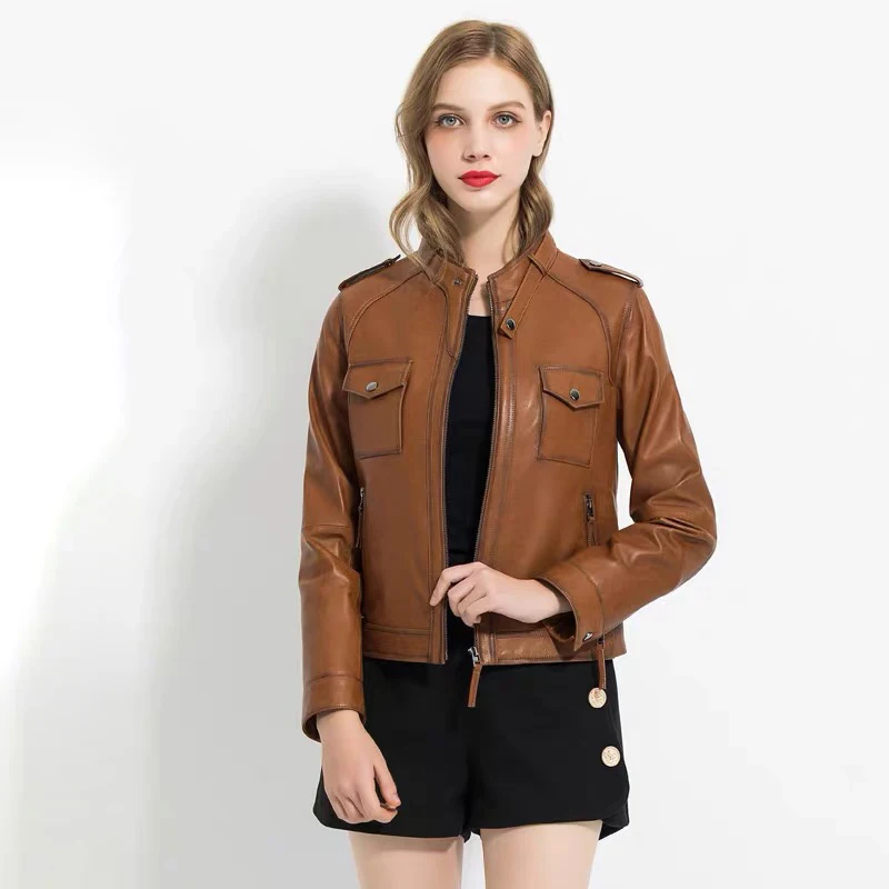 

Женская короткая мотоциклетная куртка, пальто из натуральной овечьей кожи, облегающее пальто, весна 2023