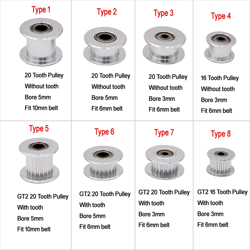 10PCS-GT2-Idler-Timing-Pulley-16-tooth-20-Teeth-with-3mm-or-5mm-Bore-with-Bearings (1)