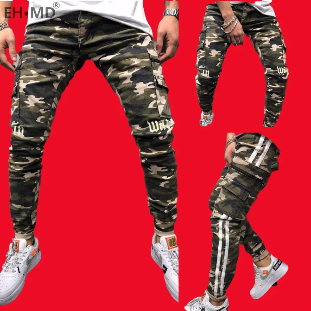 

EH·MD® Camouflage Jeans Men's Side Double Striped Holes Large Pockets Calf Beamed Pants Slim Cotton Tight Breathable Comfortable