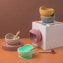 Bol d'alimentation en Silicone pour bébé, ventouse forte, cuillère en bois étanche, antidérapante, assiette d'alimentation pour bébé, vaisselle en Silicone 