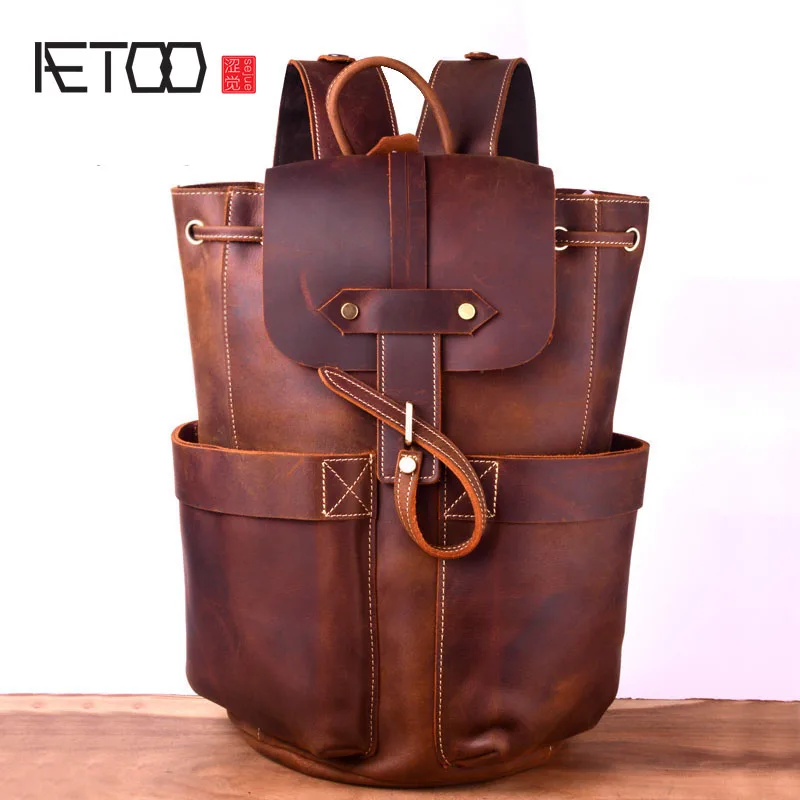 

AETOO Personality retro head layer crazy horse leather backpack, travel cowhide men's shoulder bag, leather men's bag