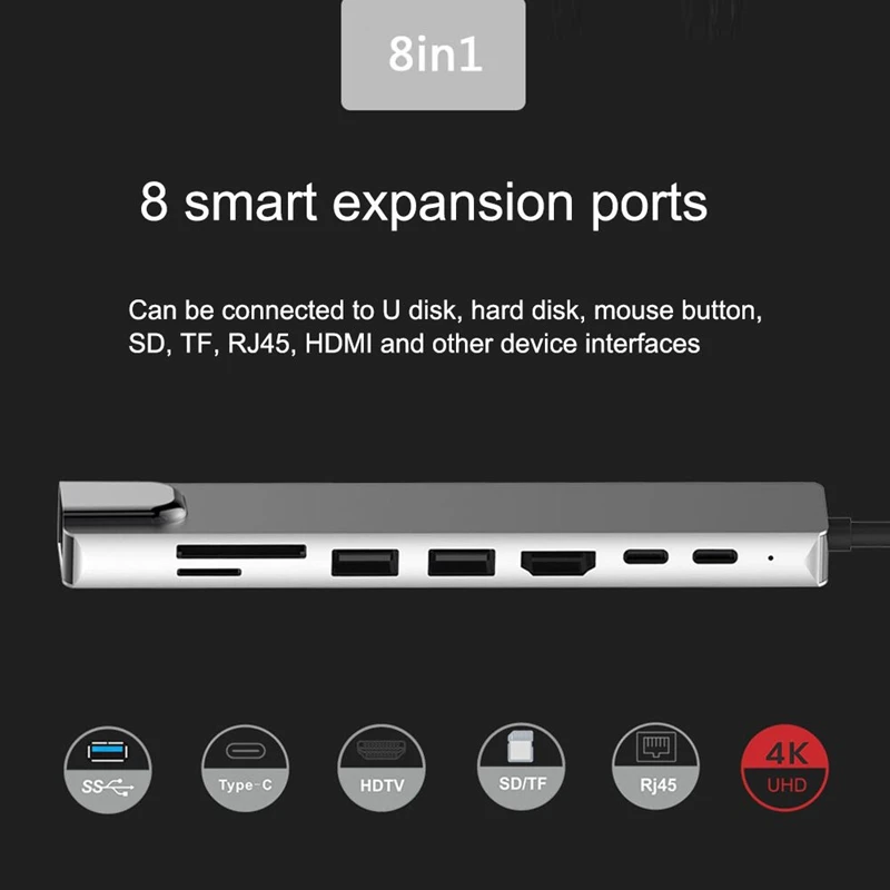 USB C концентратор 8 в 1 мульти порт type C адаптер с 4K HDMI порт, Ethernet 1000 Мбит/с RJ45 порт, USB-C питания, TF/SD карты Reade