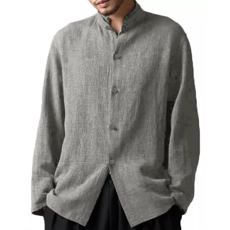 Spring Plus Size Men's Baggy Solid Cotton Linen Long Sleeve Button Shirts S-5XL Stand Collar Mens Casual Loose Tops Shirt