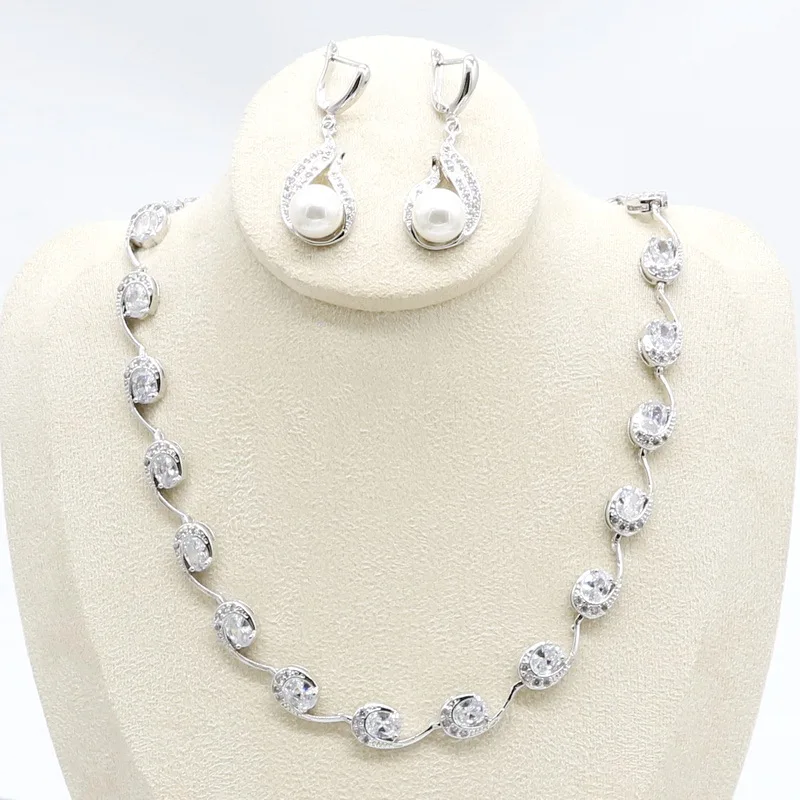 925 серебряные ювелирные наборы для женщин белый цирконий ожерелье серьги с белым жемчугом набор подарок для свадьбы дня рождения