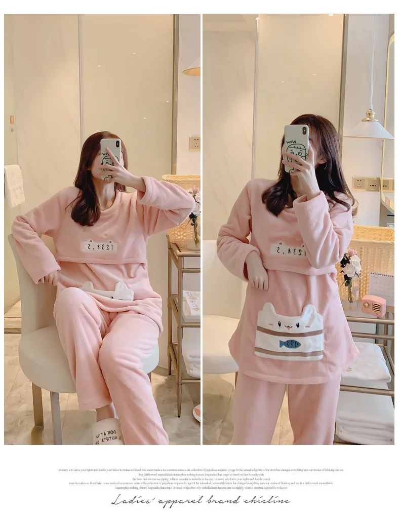 RN-9 Winter Cartoon Coral Fleece Maternity Cothing Womens Flannel Nightwear Pregnant Pajamas Sets Nursing Sleepwear Suit