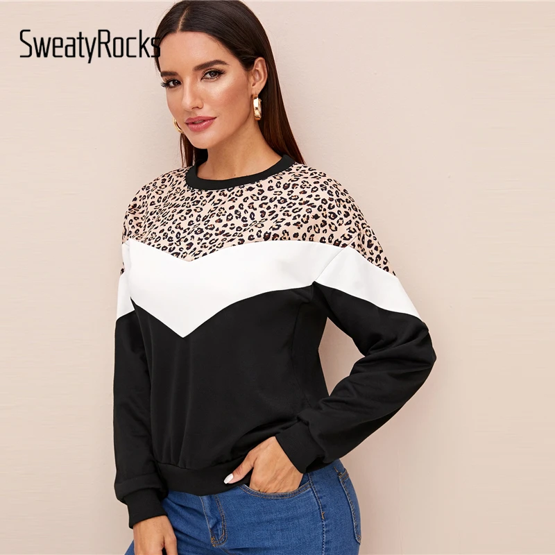 SweatyRocks леопардовая контрастная цветная рубашка женские топы с длинными рукавами осенний пуловер для активного отдыха Повседневная Толстовка для отдыха
