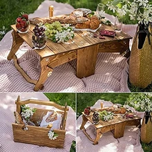 Folding Picnic Table 2in1 Multifunctional Wood Desk Storage Basket Portable Outdoor Snack and Wine Basket for Beach Camping