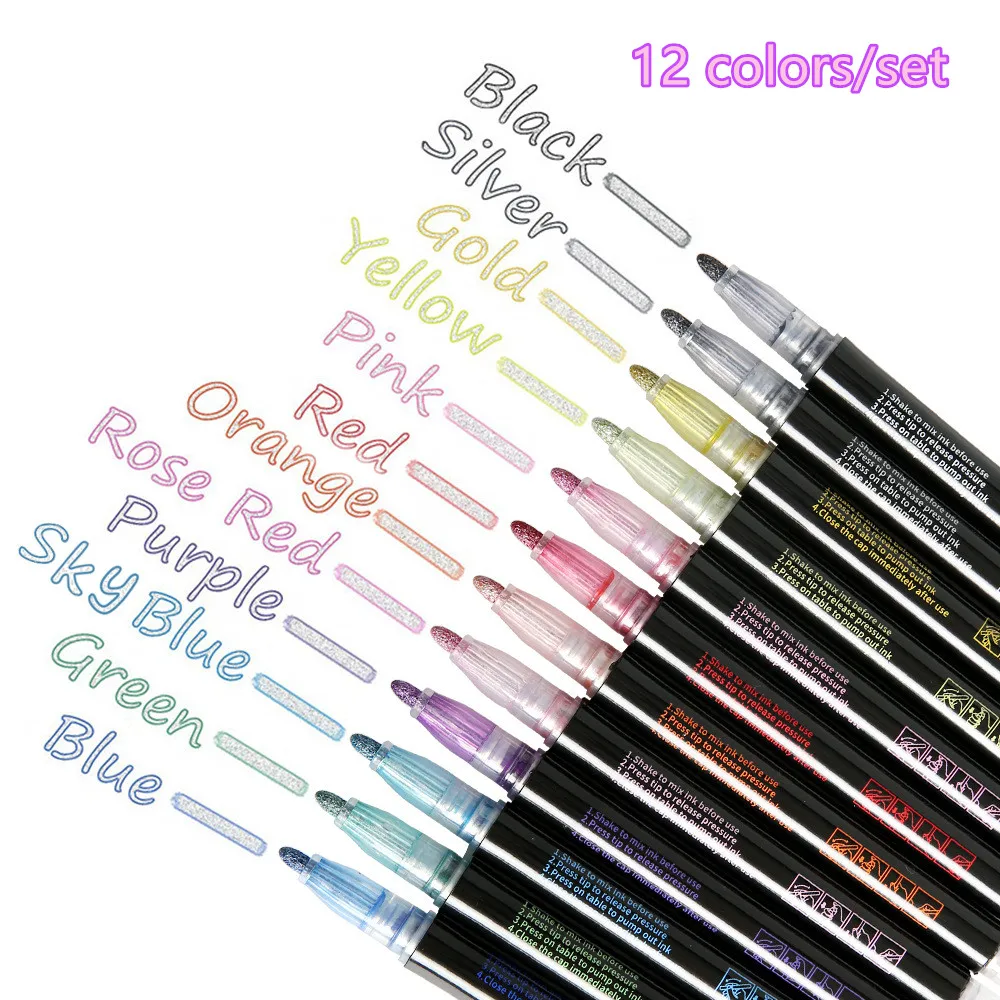 Sharkbang 12 Colors/Set Metal Outline Marker Drawing Painting Fabric Marker Double-Line Pen Set Colourful Pens Stationery sharkbang glittering