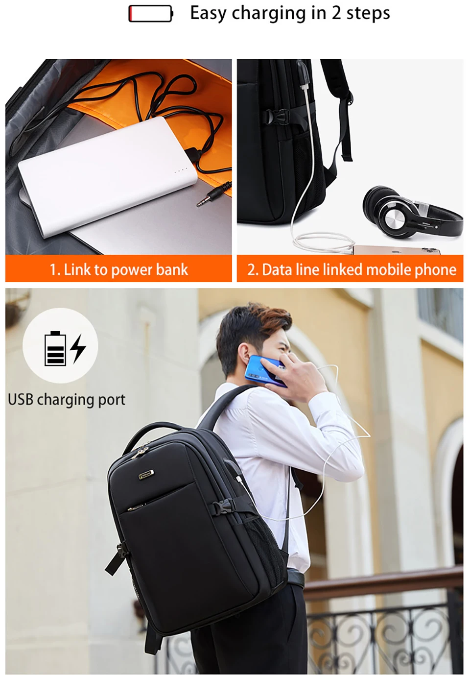 Wiersoon Fashion Men Backpacks Usb Charging Laptop Backpack School