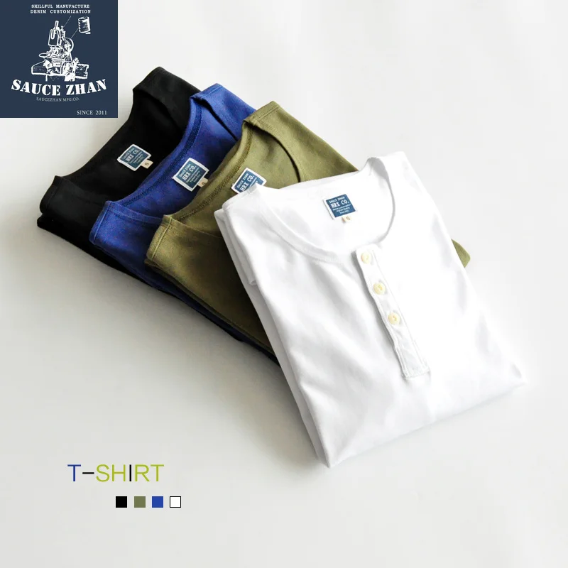 

SauceZhan Thick Full T-shirt Cotton Men's Summer Slim Fit T-shirt Casual Henry Collar High Quality Tshirt Free Shipping 290g