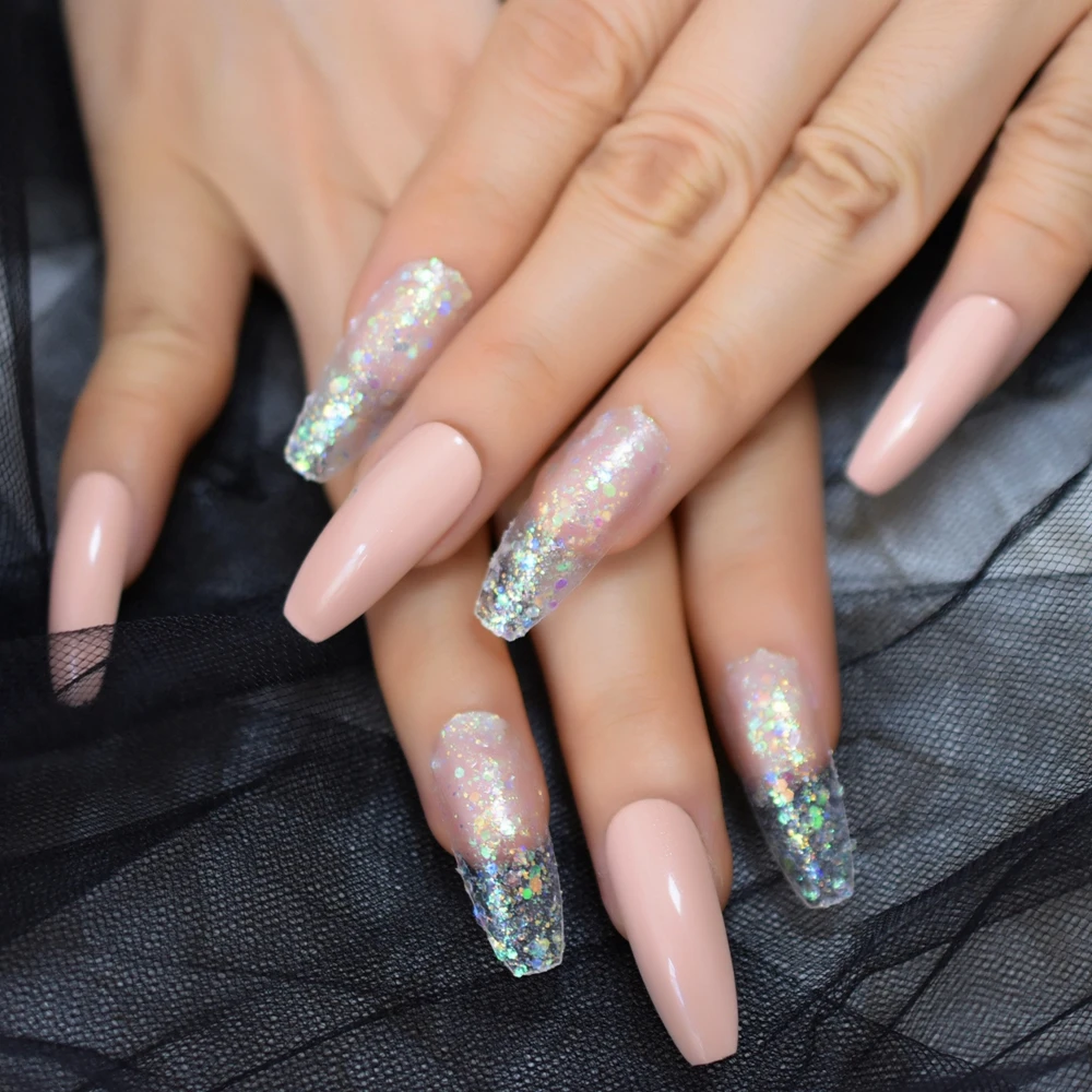 Extra Long Glitter Coffin Nail Full Cover Fake Nails Art Wholesale  Fingernails Transparency Mix&Match Pre Design EchiQnail|False Nails| -  AliExpress