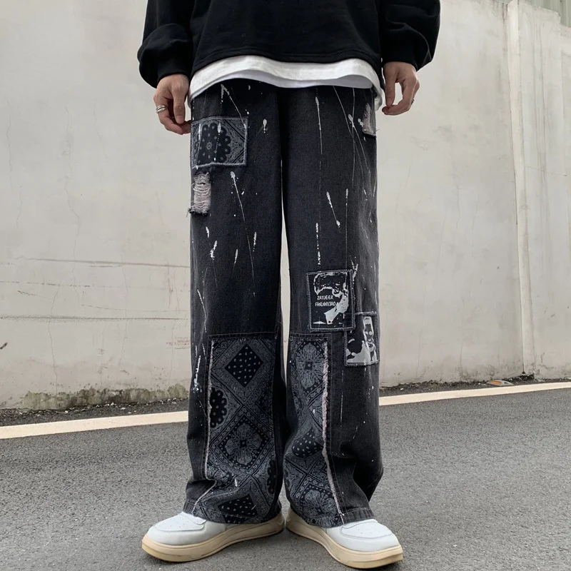 Ripped Black Men Jeans Loose Streetwear Patch Straight Pants Hip Hop Pants Denim Vintage Trousers Male Casual Patchwork Clothing 1