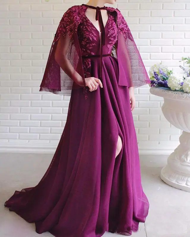 

2020 Grape V Neck A Line Prom Dresses With Wrap Appliques Lace Beaded Evening Gowns Split Side Pageant Party Dress