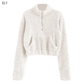 

Womens Winter Long Sleeve Zipper Up Pullover Crop Top Solid Color Thicken Polar Fleece Plush Turtleneck Sweatshirt