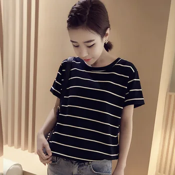 

Women's cotton crew neck striped short sleeve loose T-shirt gray