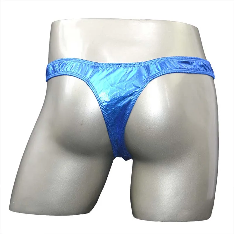 Sexy Men Lingerie Wet Look Metallic T-Back Bikini Shiny Brief Faux Leather Penis Sheath and Crotch Hole Gay Underwear