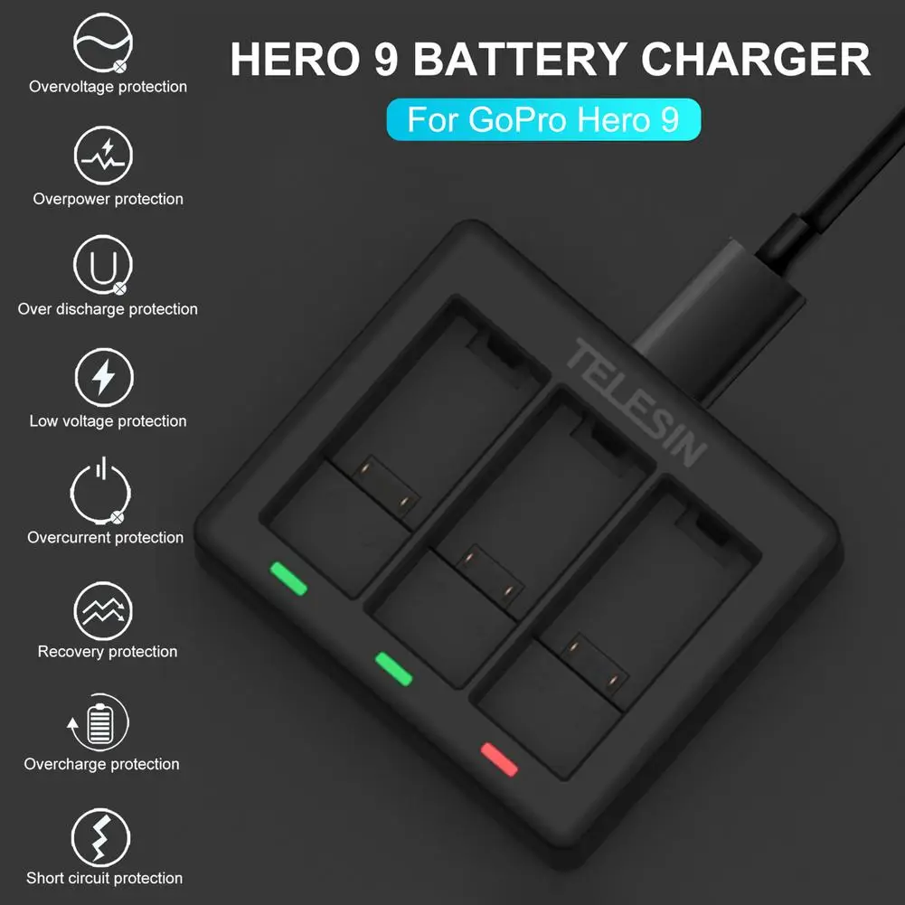 

For GoPro Hero 9 Battery 4.4V 800mA Charging Adapter with USB Type C Cable, Portable USB Travel Charger For 3 Hero 9 Batteries