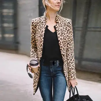 

Fashion Women Leopard Print Coat Stand Collar Long Sleeve Slim Blazer Jacket