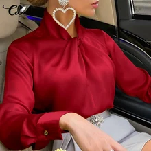 

2022 Elegant Satin Silk Blouses Celmia Autumn Women's Twisted Collar Long Sleeves Shirts Fashion Office Solid Color Tops Mujer