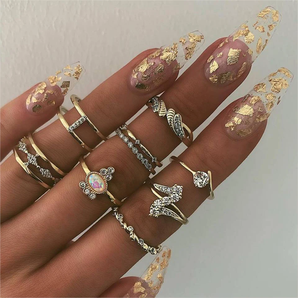 

Bohemian Female Rings Geometric Irregular Crystal Joint Gold Midi Ring Set Beautiful Women Wedding Party Jewelry Gifts Wear