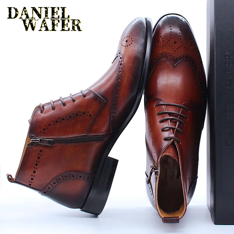

FASHION MEN'S BOOTS LEATHER CASUAL SHOES BLACK BROWN LACE UP POINTED TOE WINGTIP BROGUE MEN DRESS SHOES WEDDING OFFICE BOOTS MEN